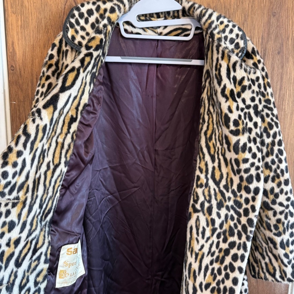 Vintage Safari Sportowne Leopard Faux‎ Fur Coat Double Breasted Animal Print L - Picture 6 of 16